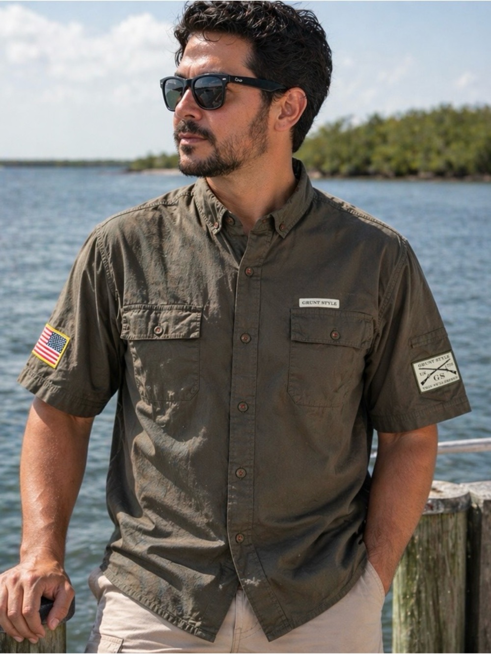 Grunt Style XXL Tactical Shirt Olive Military Flag Patch Rugged
